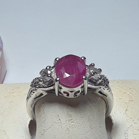 Estate 1.65cttw Natural Oval Ruby & Rd CZ Victorian Sterling Silver Ring #17764 - Picture 1 of 6